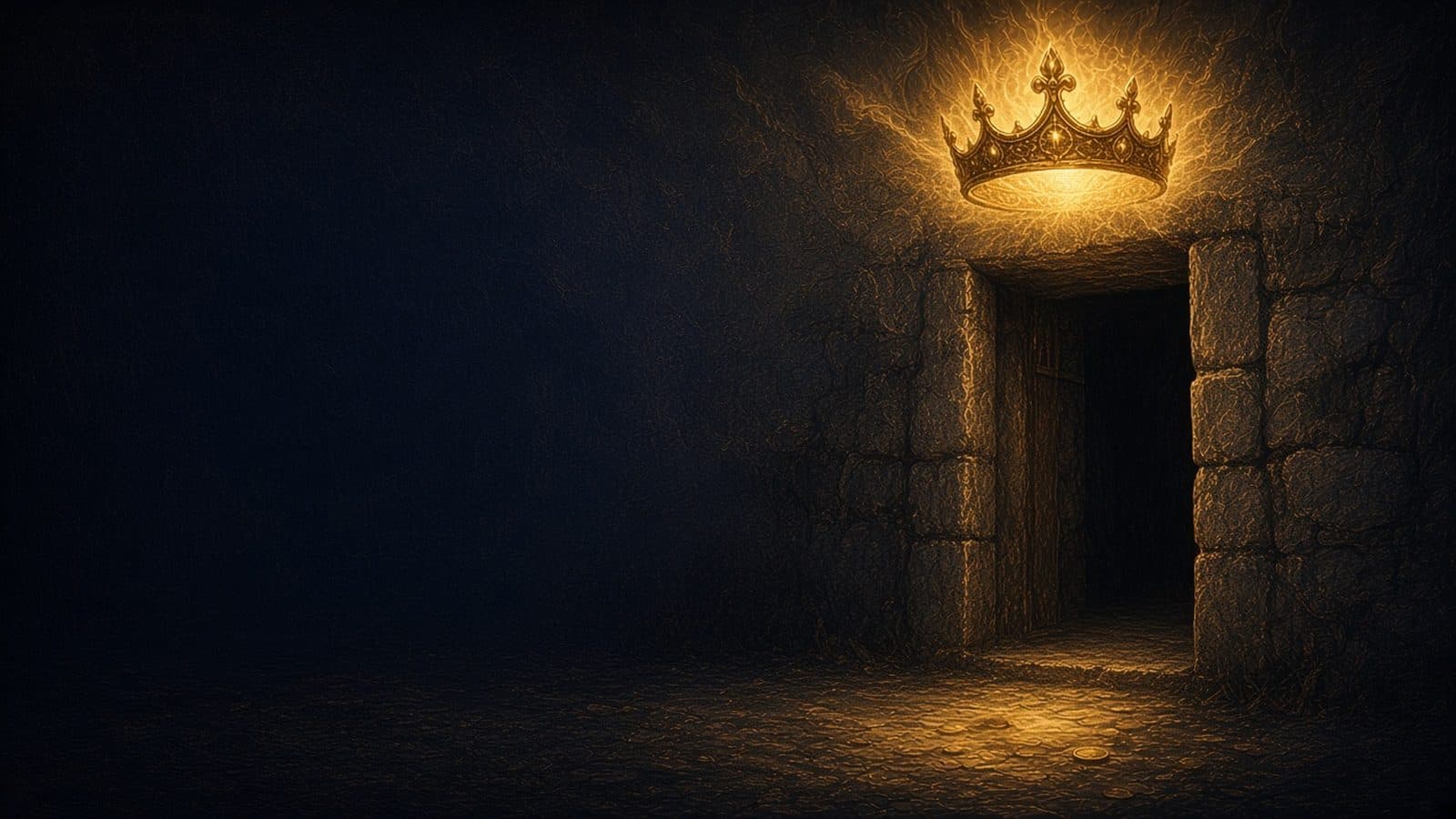 A glowing golden crown hovering above a humble dark stone doorway, with a few gold coins gleaming on the ground.