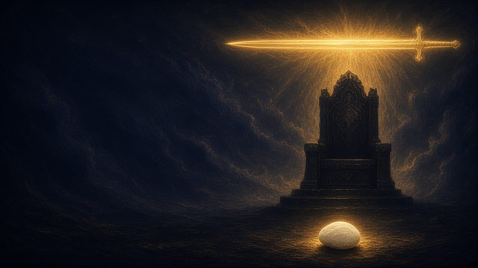 A dark carved throne on a stepped platform beneath a glowing golden sword of light, with a smooth white stone resting in front.