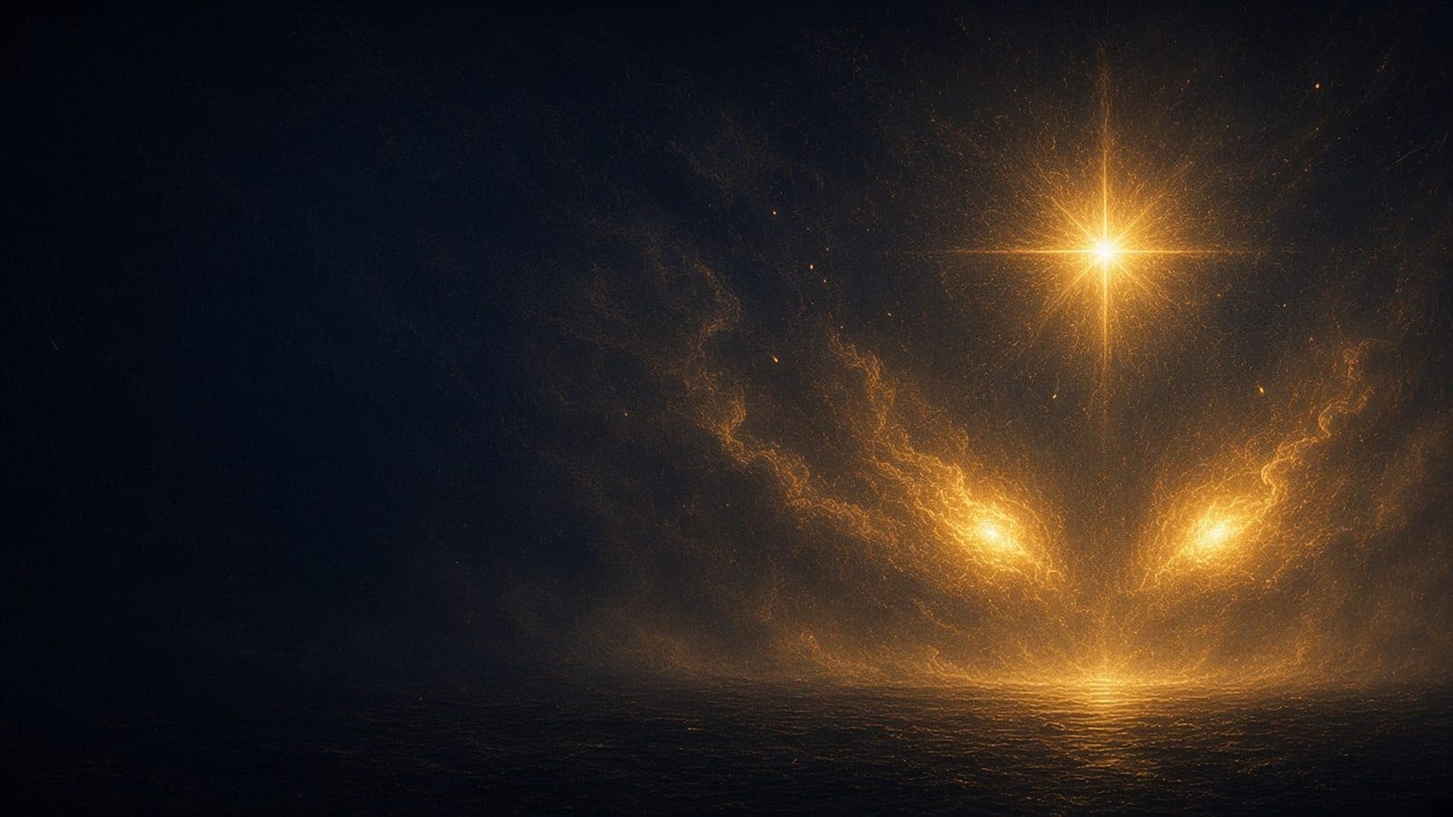 A brilliant golden morning star rising over a dark horizon above two blazing amber glints in a bronze haze.
