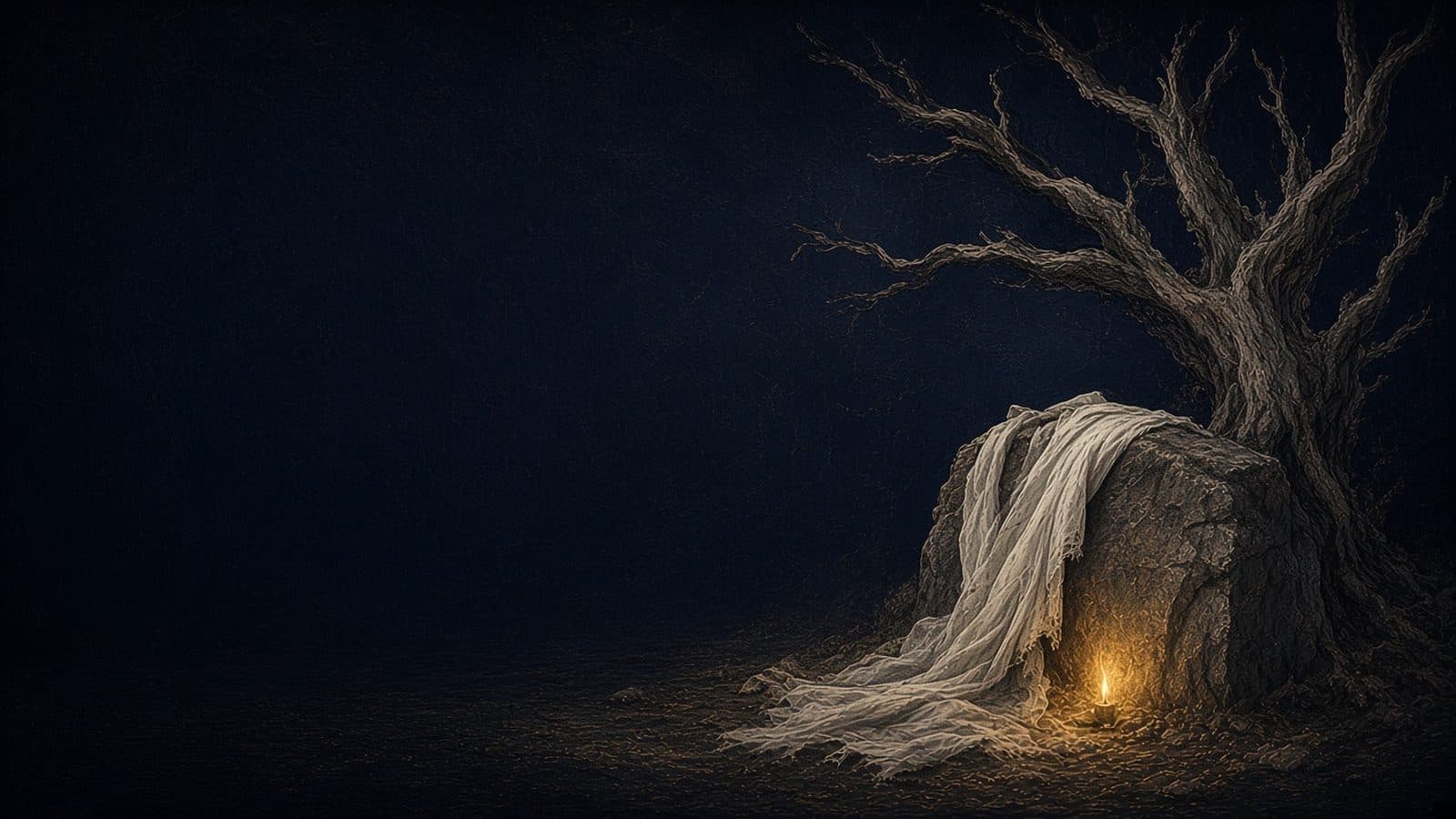 A bare grey dead tree beside a stone draped with pale white cloth, with a single small flame glowing at its base.