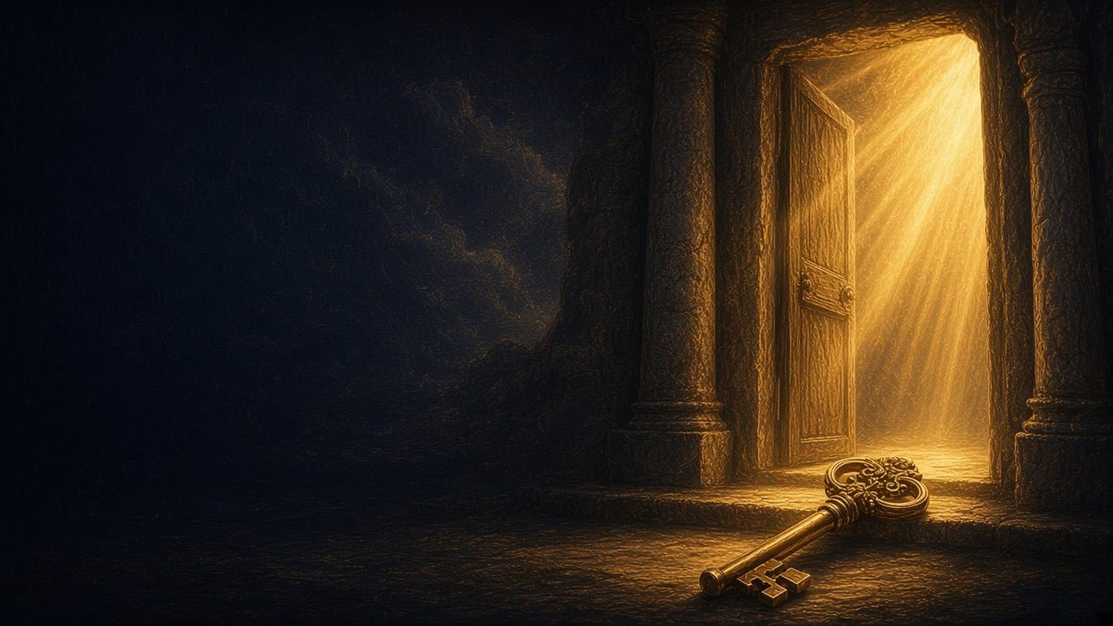 An open stone doorway streaming golden light, with an ornate golden key lying on the threshold between two pillars.