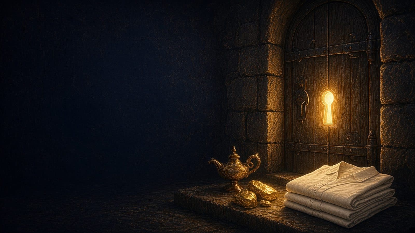 A closed wooden door in a dark stone wall with golden light shining through the keyhole, beside a gold lamp, gold nuggets and folded white linen.