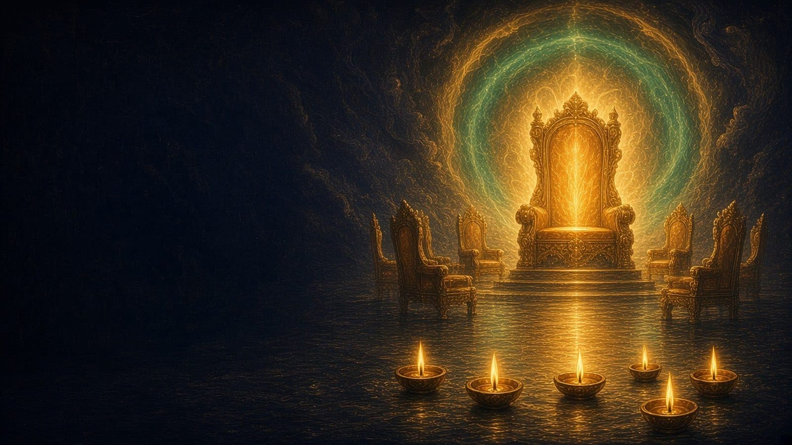 A glowing golden throne encircled by a green rainbow halo, with empty thrones around it and burning lamps on a sea of glass.