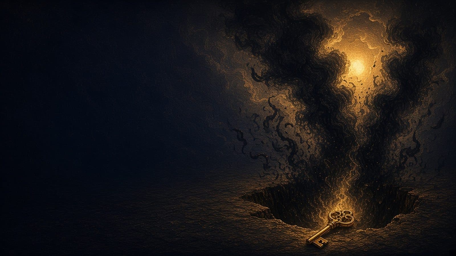 A dark pit in the ground belching black smoke across a dim sun, with a golden key lying at its edge.