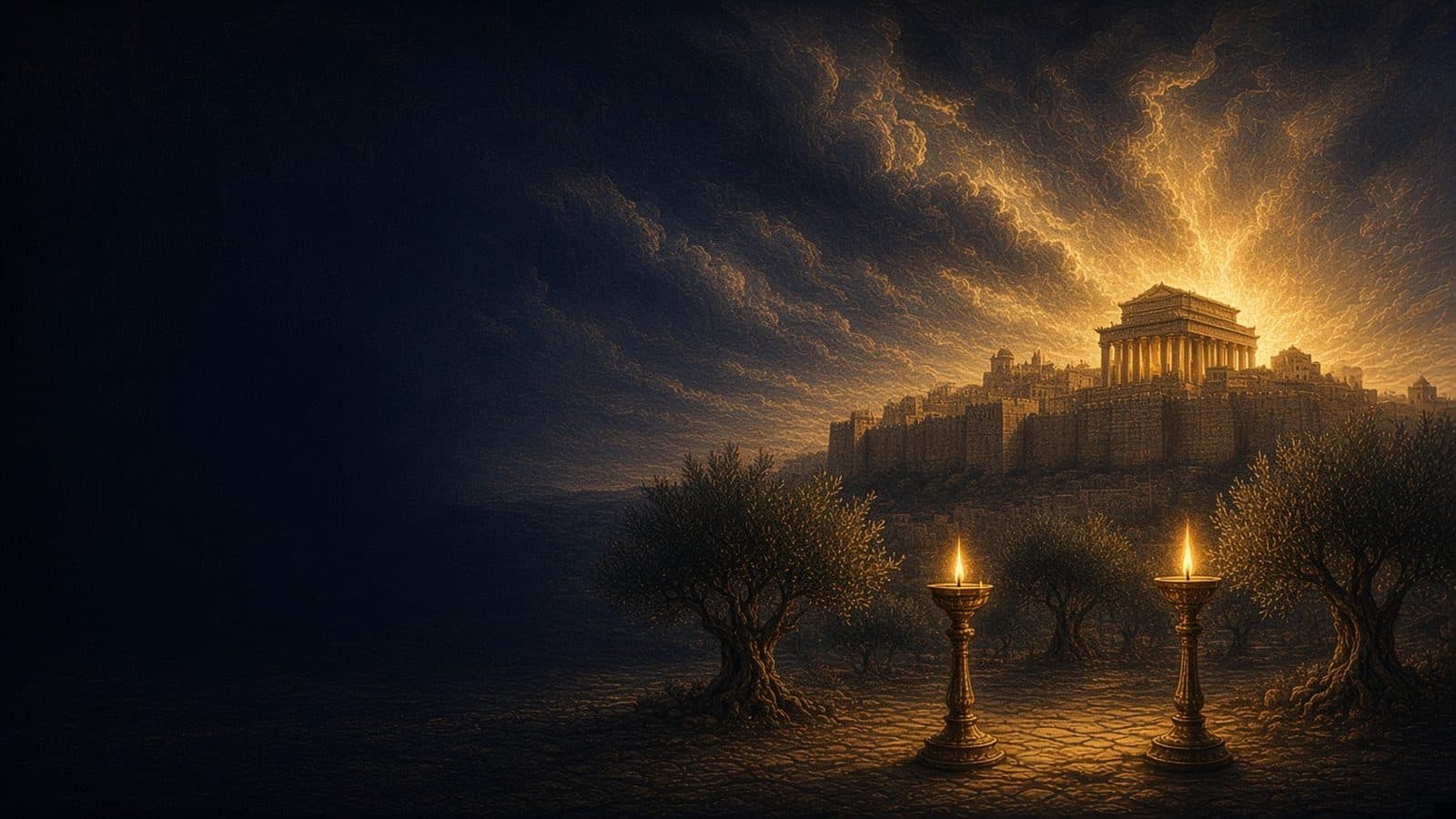 Two golden lampstands standing among olive trees in front of an ancient walled city with a lit temple under storm clouds.