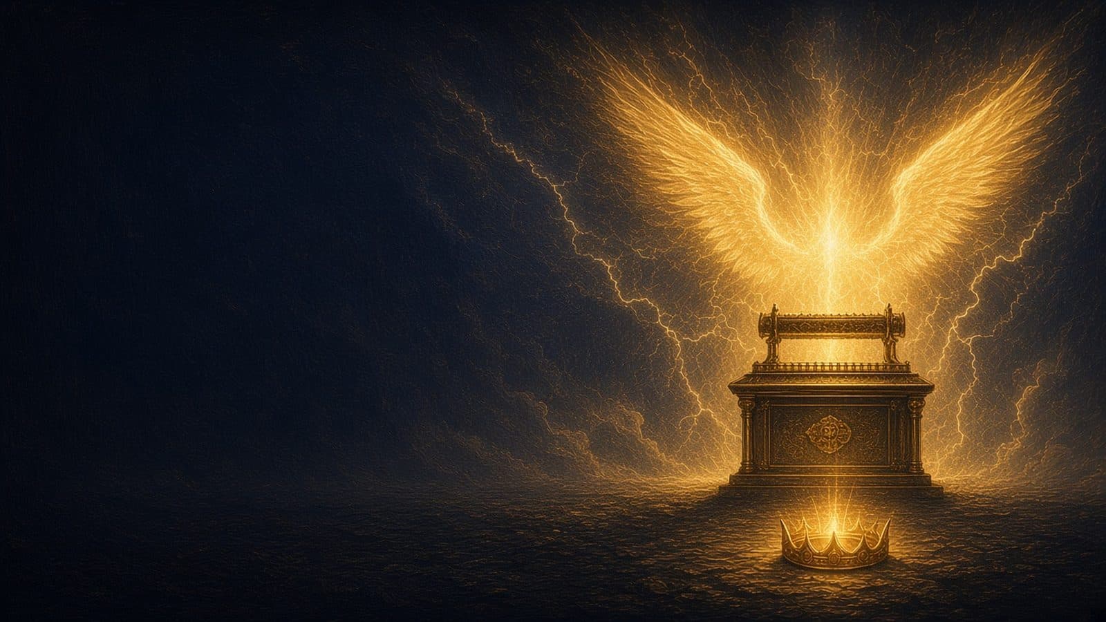 A golden ark of the covenant beneath outstretched wings of light, with lightning in the dark sky and a glowing crown below.