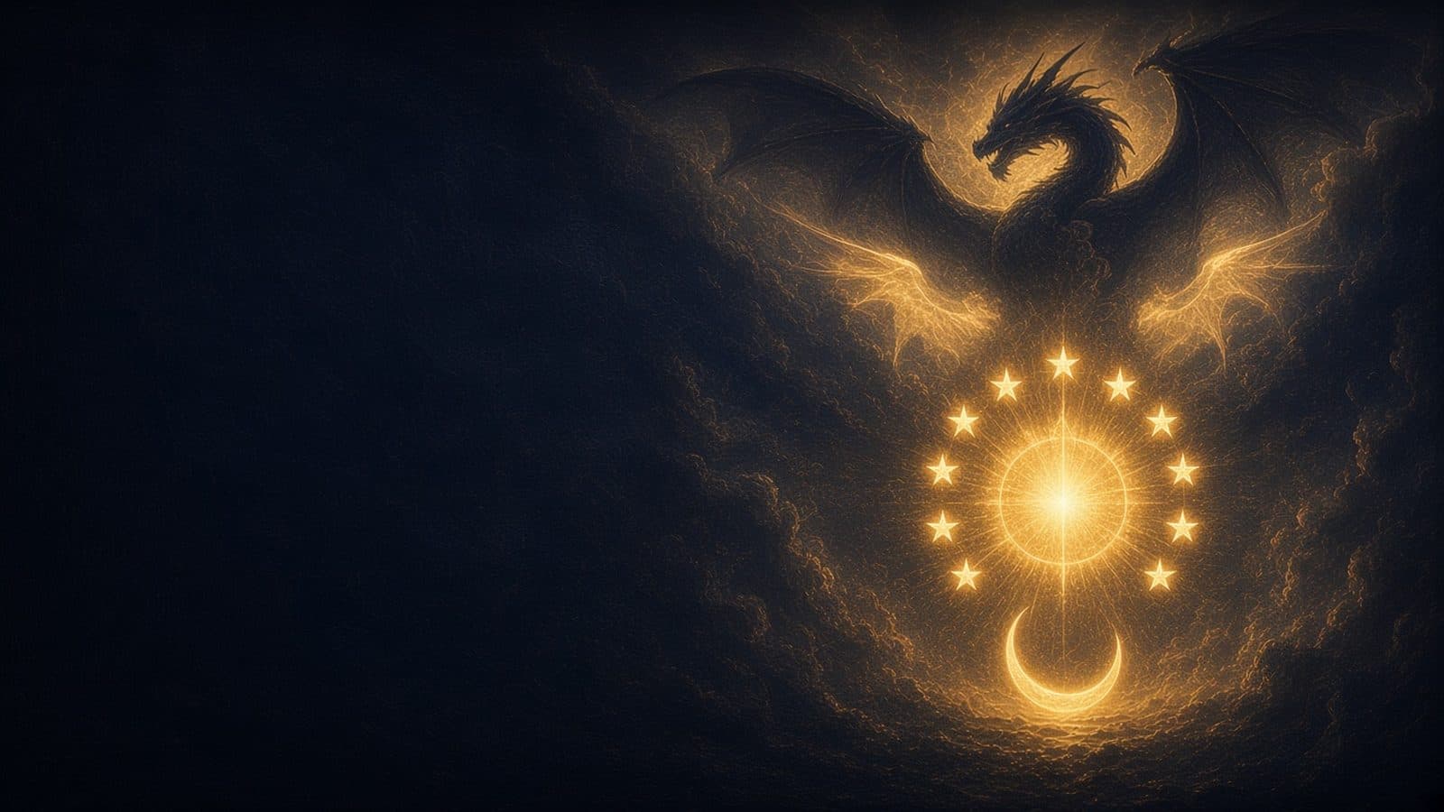 A radiant sun disk crowned with twelve stars above a crescent moon, with a dark dragon silhouette and great wings in the storm clouds above.