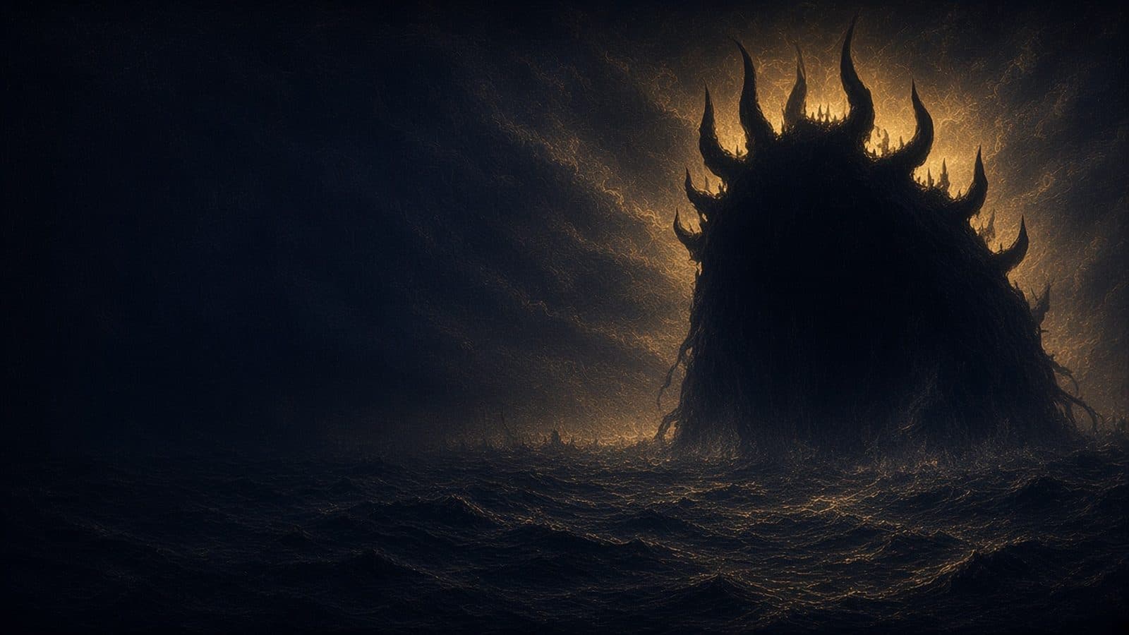 A vast black beast silhouette with many horns rising from a stormy dark sea against a dim golden sky.