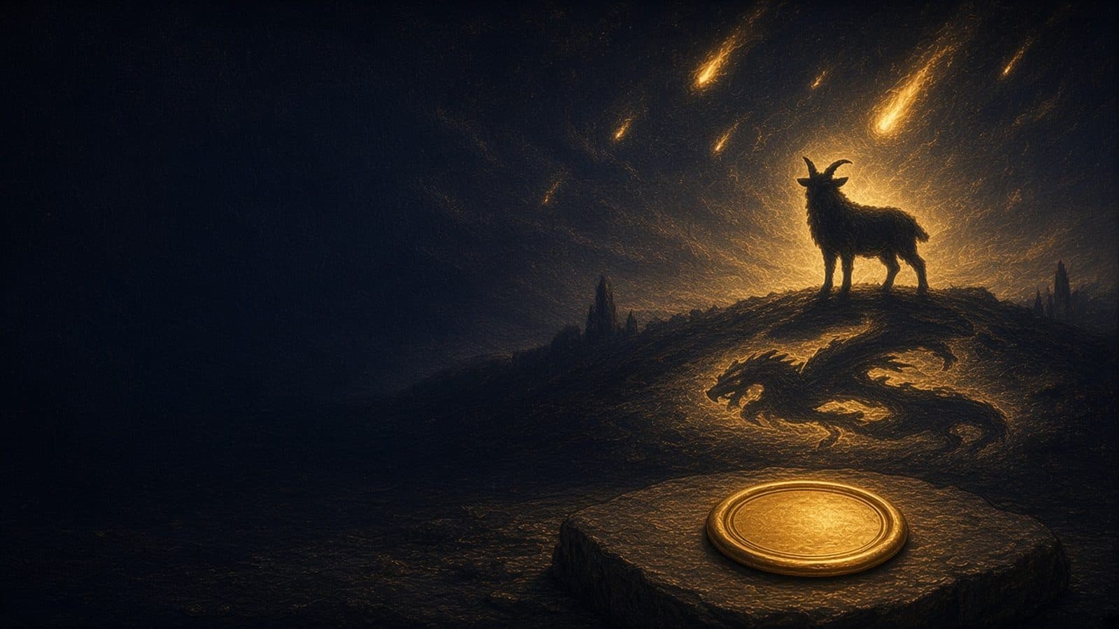 A horned beast silhouette on a dark hill casting a dragon-shaped shadow, with fiery streaks falling from the sky and a blank gold seal on a stone.