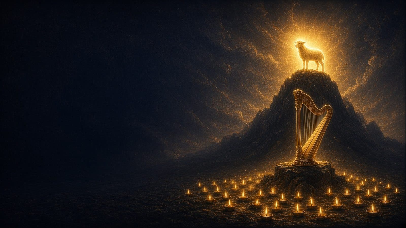 A glowing white lamb standing on a mountain peak above a golden harp, with a great company of small golden lights gathered below.