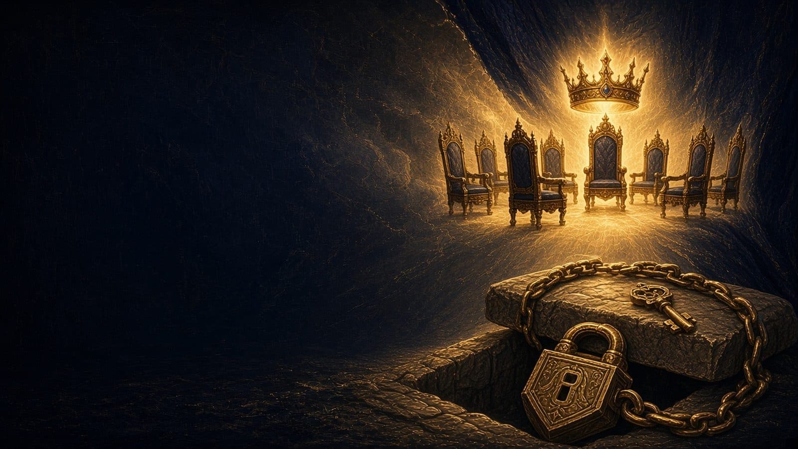 A heavy golden chain and key locking a stone-lidded pit, beneath a ring of empty golden thrones and a bright crown.