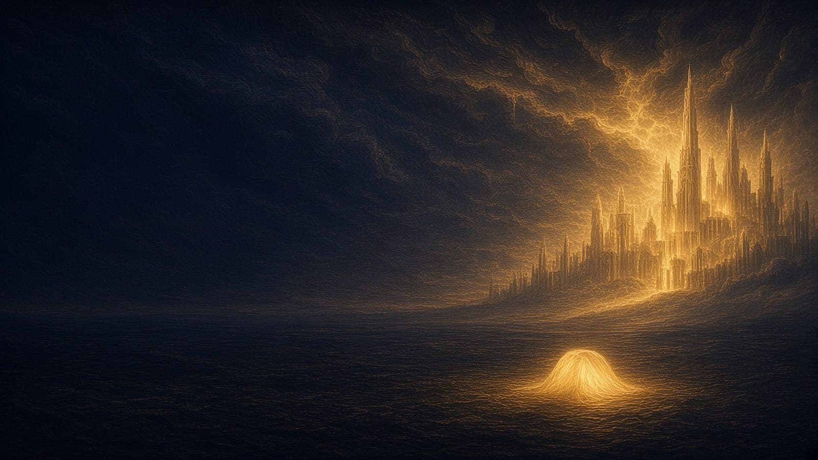 A glowing golden city of slender towers descending from a break in dark clouds onto a calm, dark new earth, with a small tent-shaped glow of light on the ground in the foreground.
