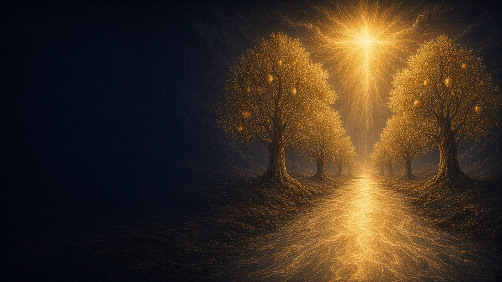 A shining river of gold and pale light running down the middle of a golden street between two tall fruit-bearing trees, flowing from a blaze of radiance at the top.