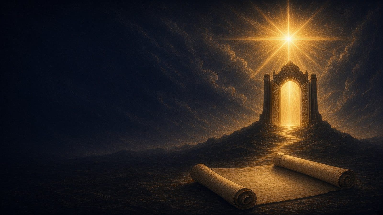 A bright golden morning star above an open golden gateway on a dark hill, with a path leading up to it and an unrolled blank scroll lying in the foreground.