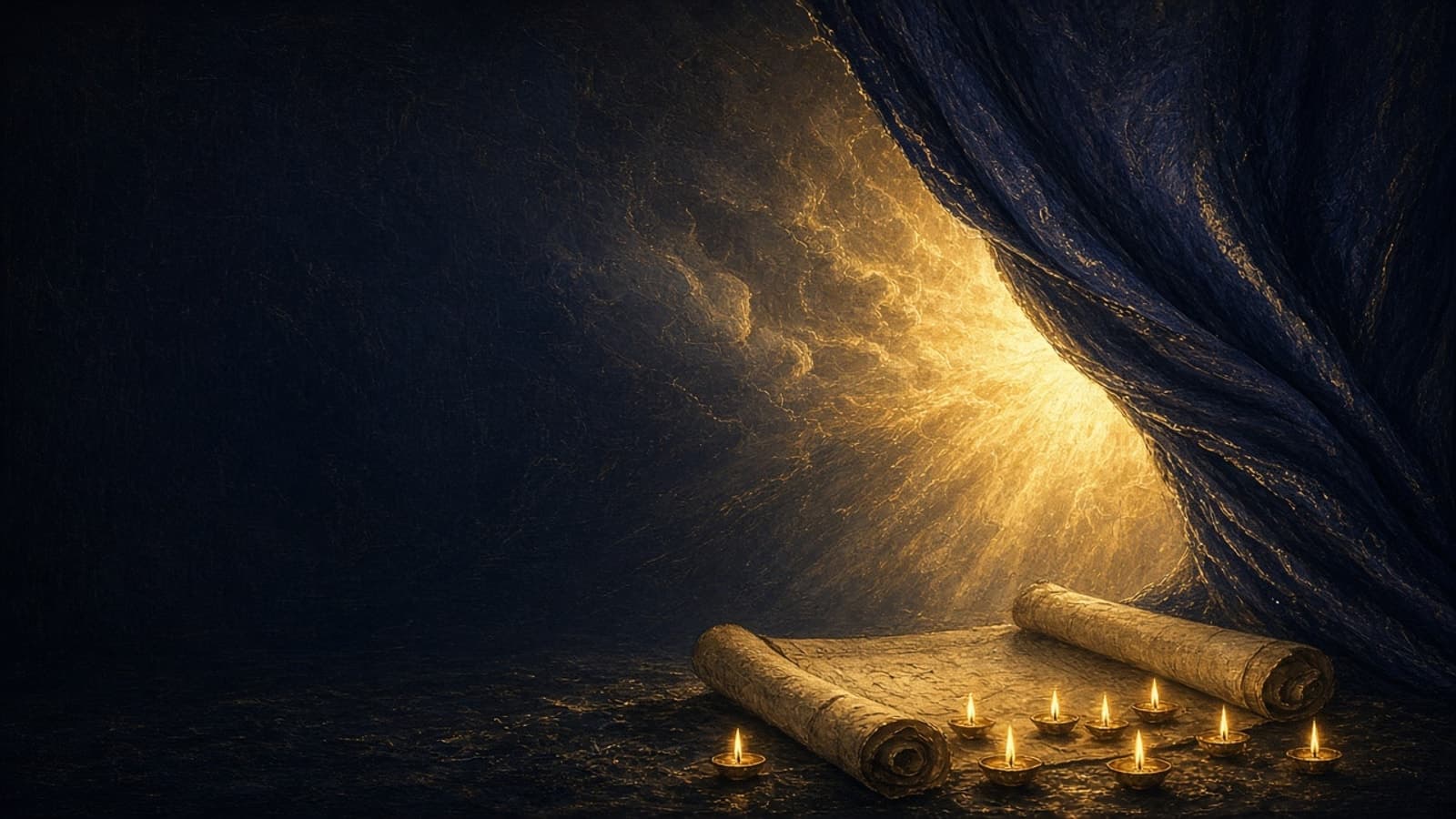 A dark blue curtain drawn back to reveal a burst of golden light, with an unrolled scroll and seven small flames in the foreground.