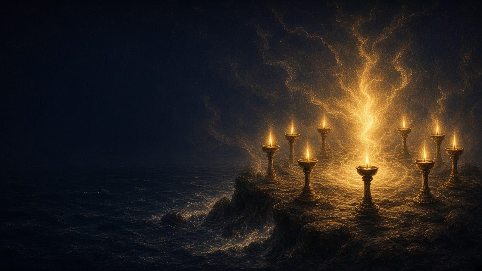 A ring of golden lampstands with glowing flames on a rocky island shore at night, with a column of radiant golden light rising among them.