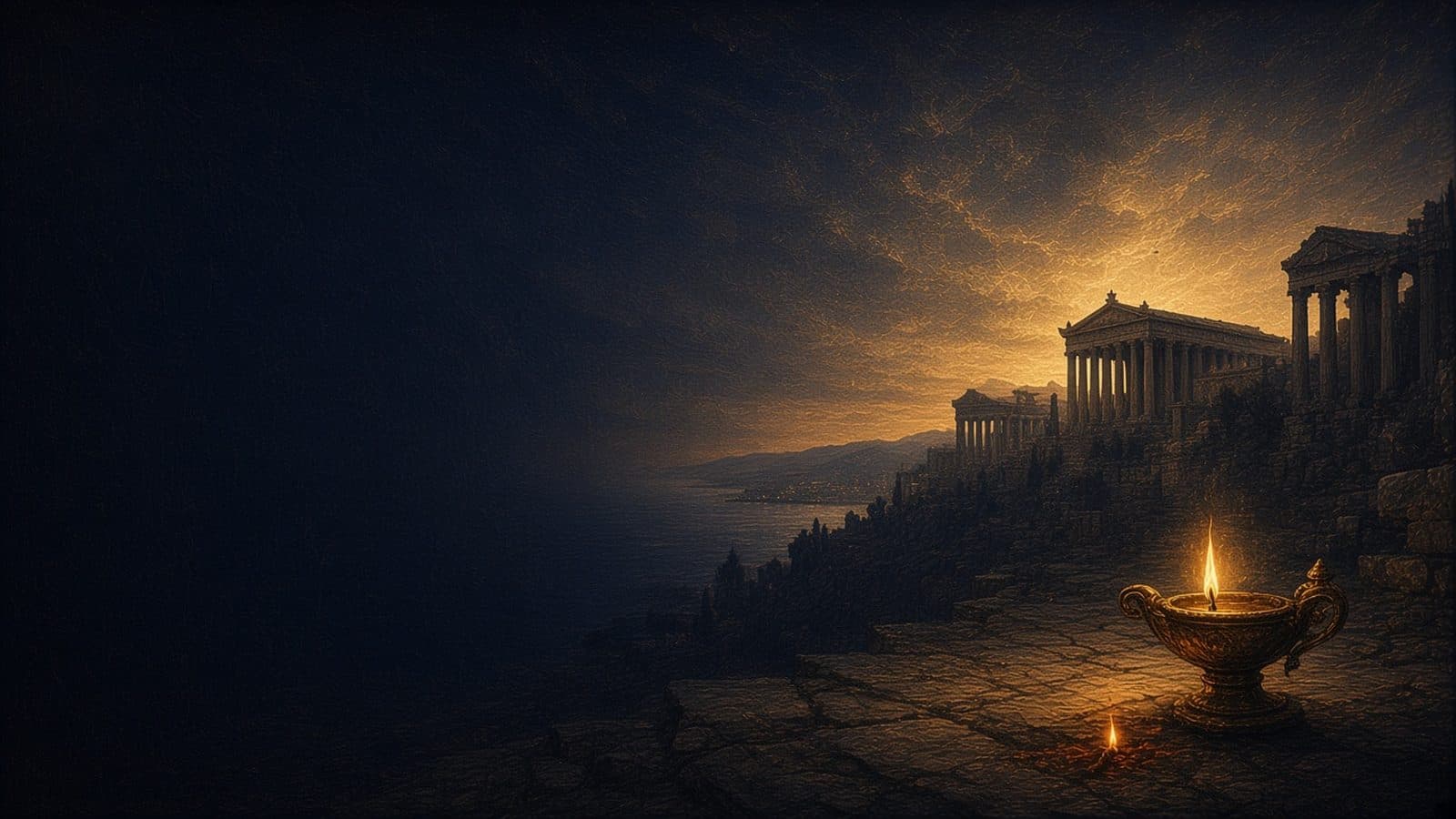 A single golden lamp with a faint flame on a worn stone terrace above an ancient coastal city of columned temples at dusk.
