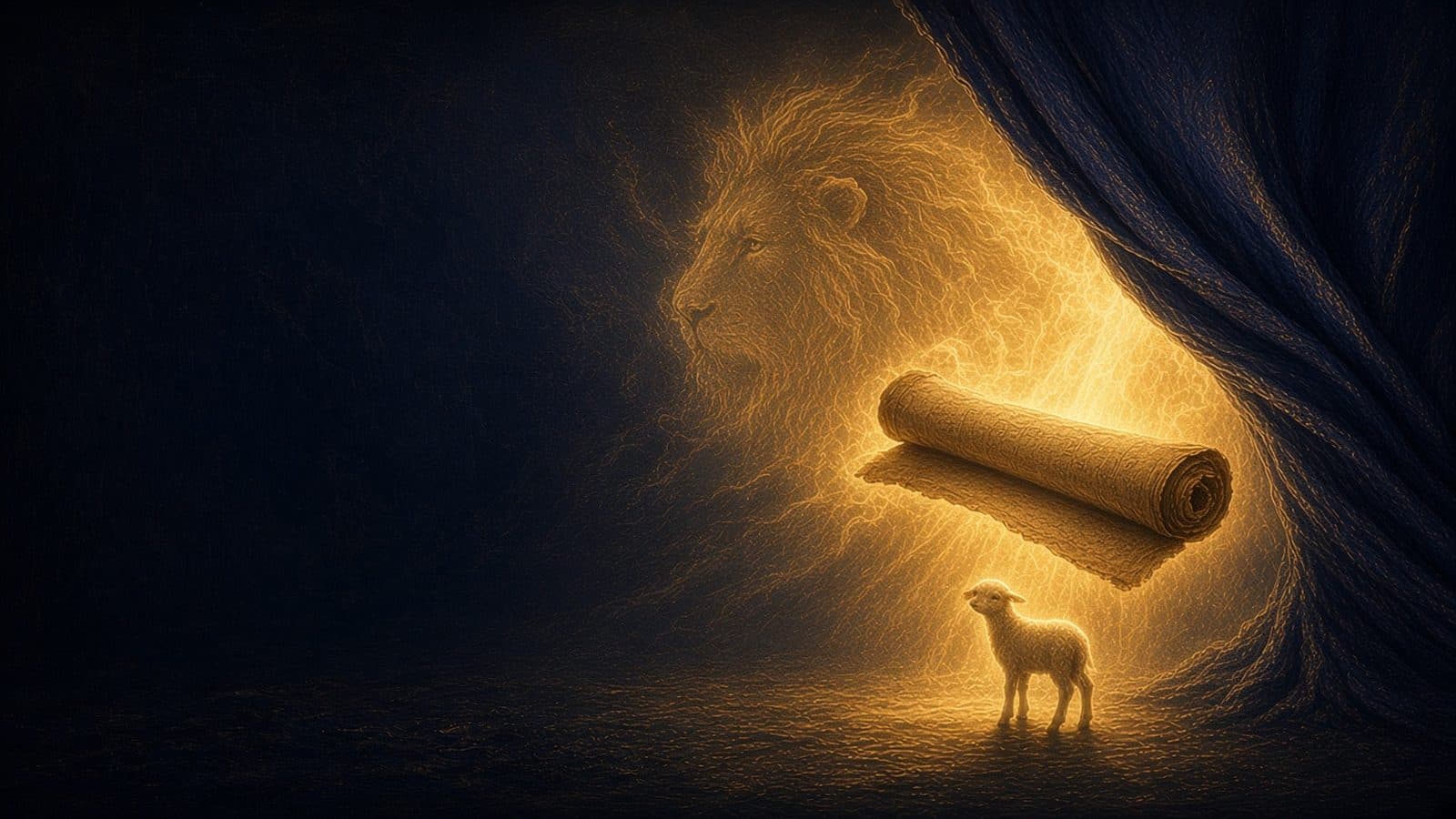 A sealed scroll floating in golden light above a small white lamb, with the glowing outline of a lion in the clouds behind.