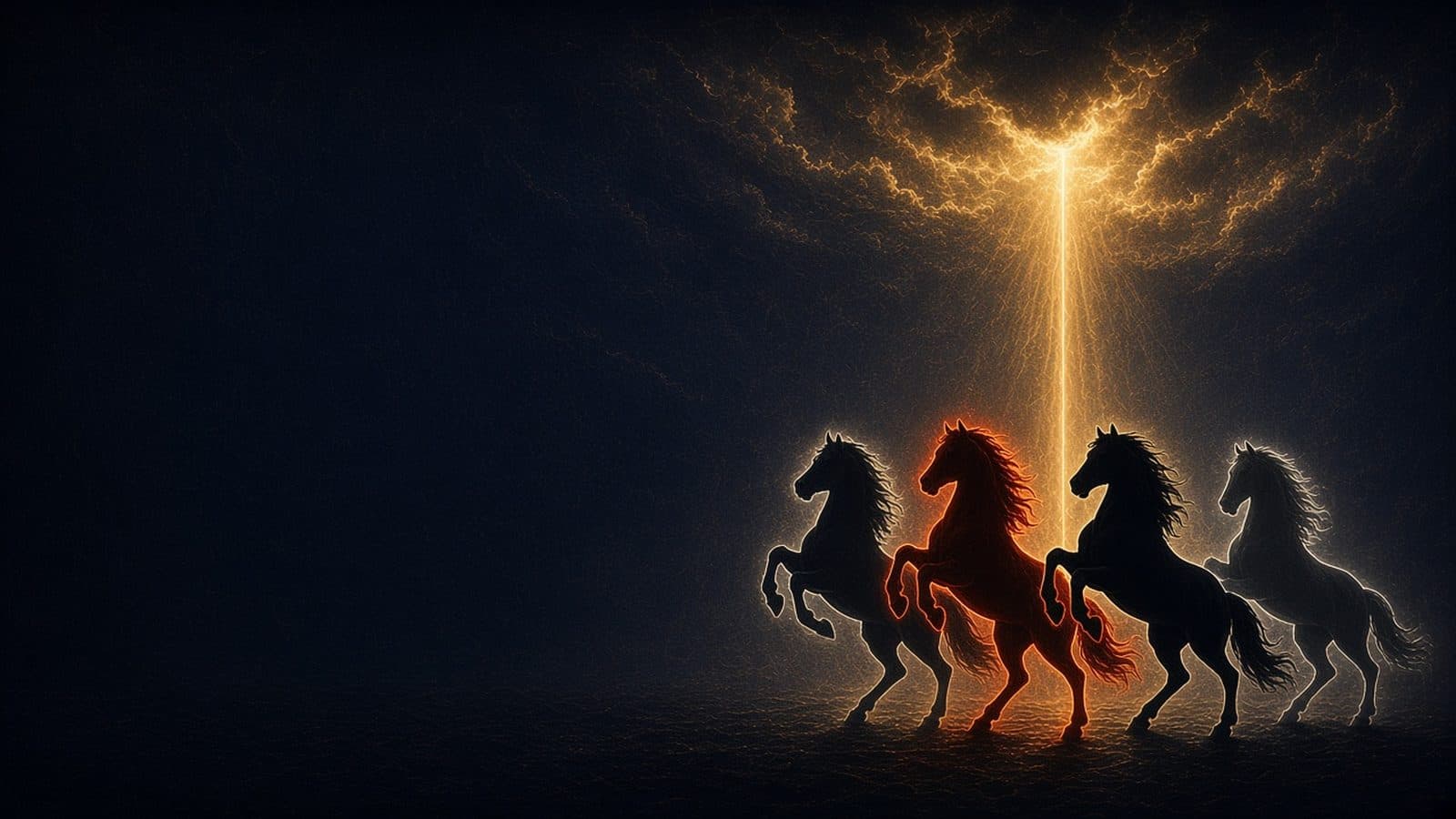 Four horse silhouettes in white, red, black and grey rearing together beneath a single thin golden line of light from a glowing cloud.