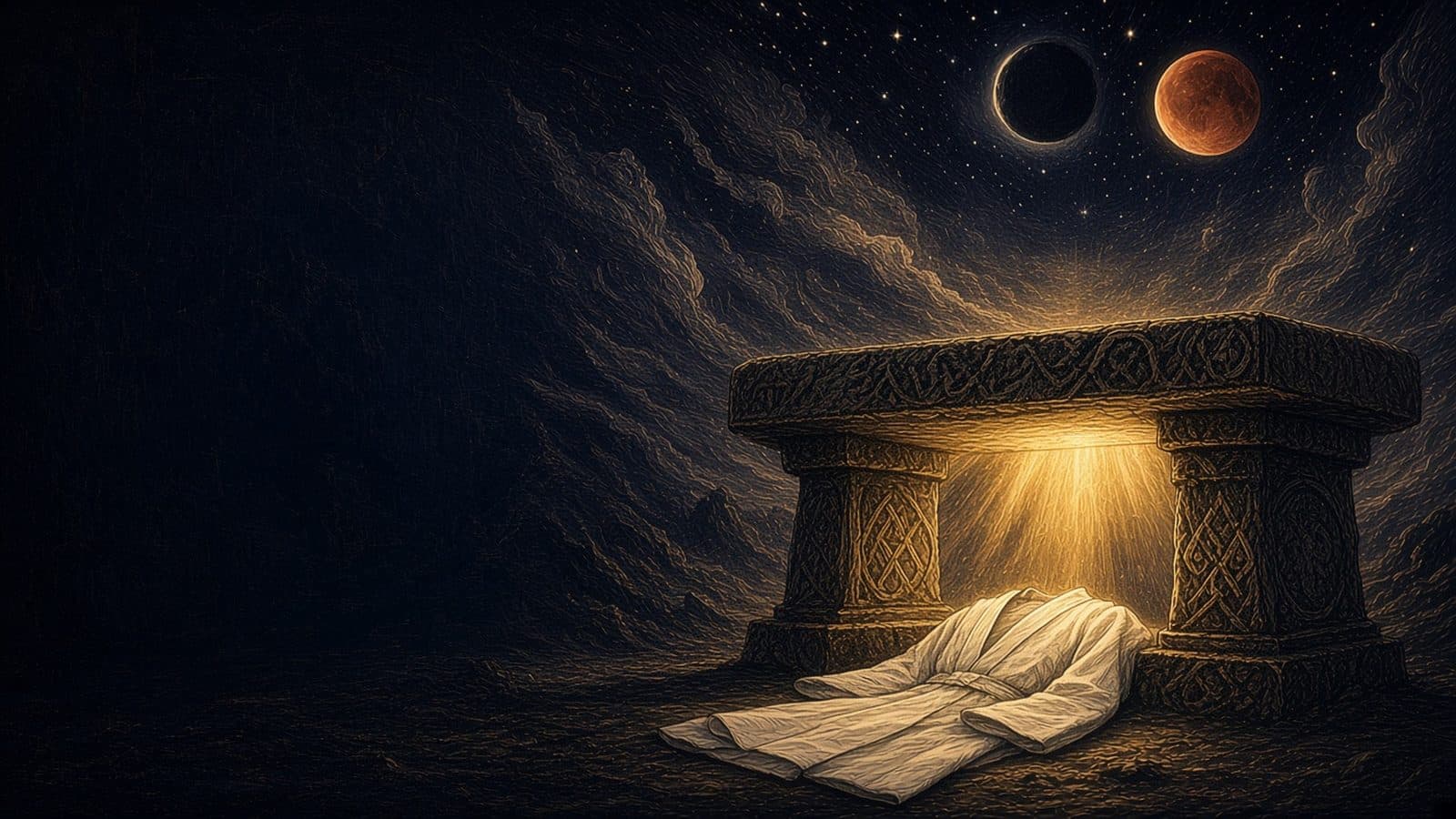 A great stone altar glowing with golden light, white robes laid at its base, under a black sun and a blood-red moon.