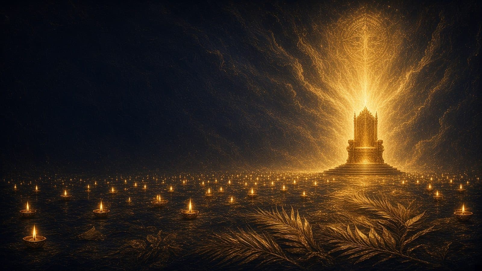 A countless field of tiny golden lights stretching toward a radiant golden throne, with palm branches in the foreground.