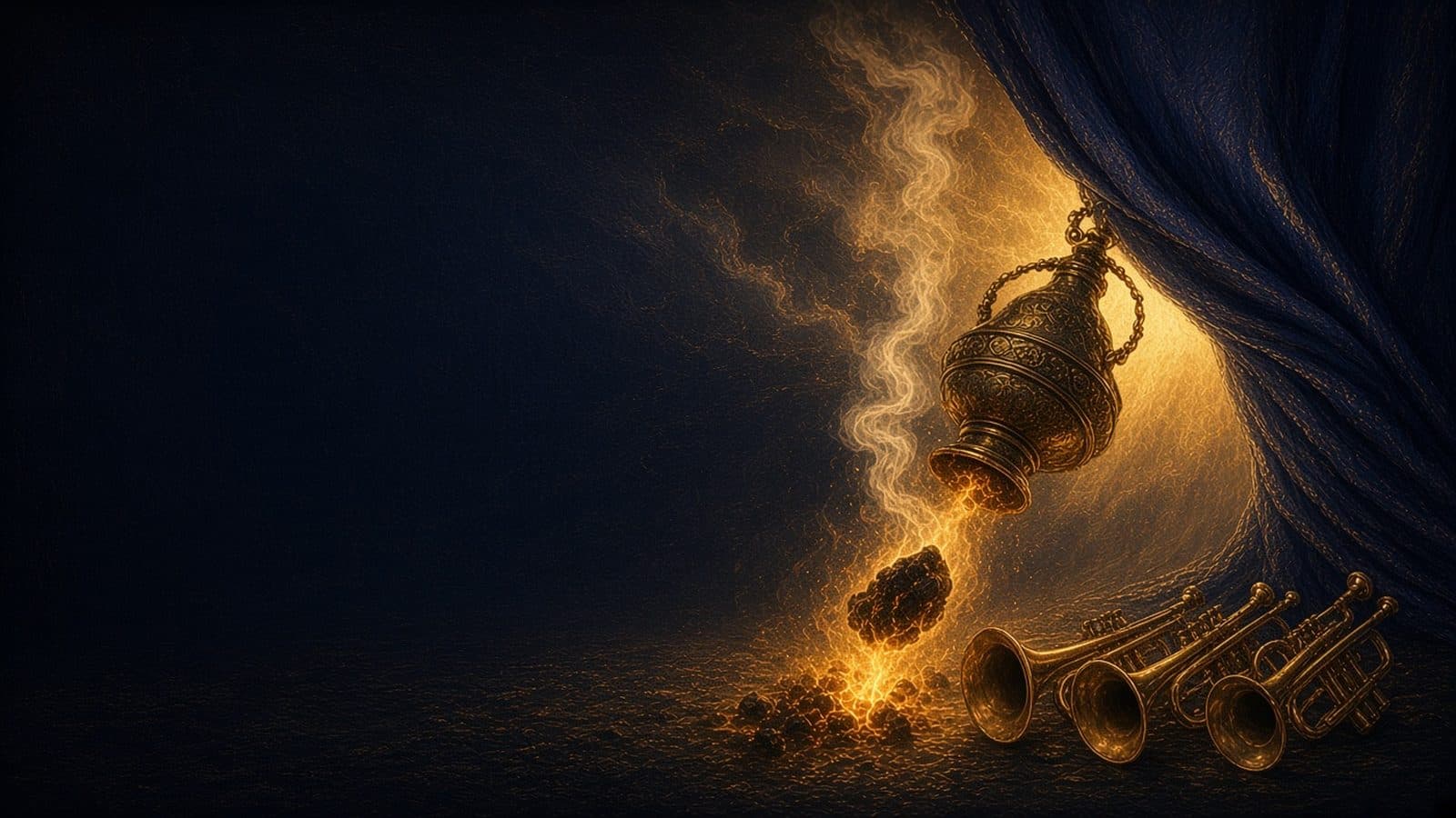 A golden censer pouring smoke and a burning coal toward the earth, with a row of bronze trumpets lying ready beside it.
