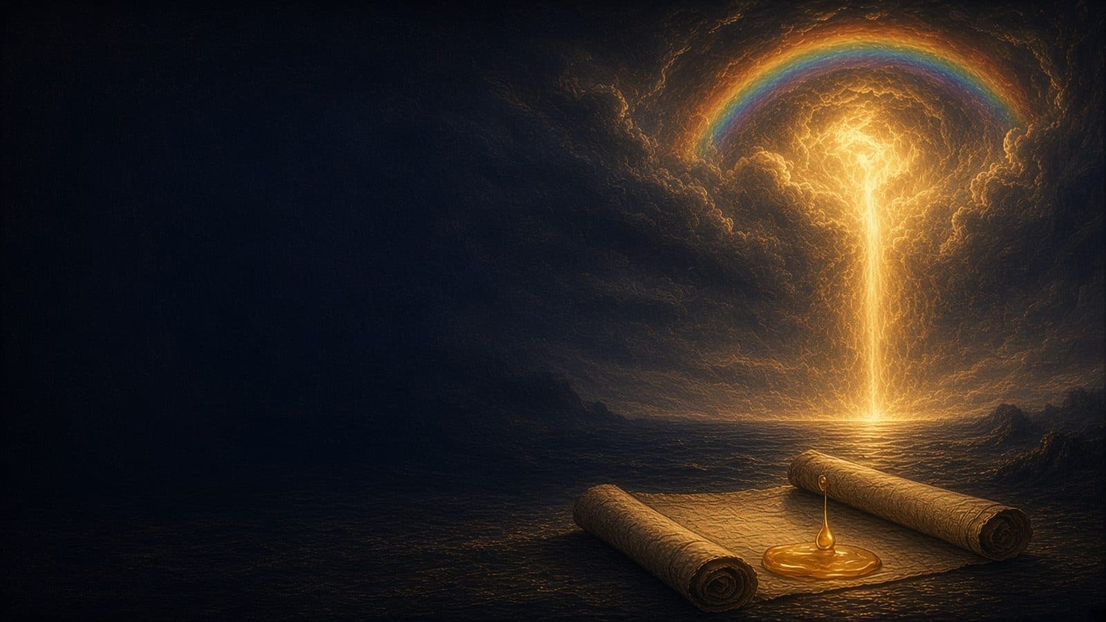 An open scroll with a drop of golden honey in the foreground, and a pillar of fire and a rainbow in the clouds over a dark sea.