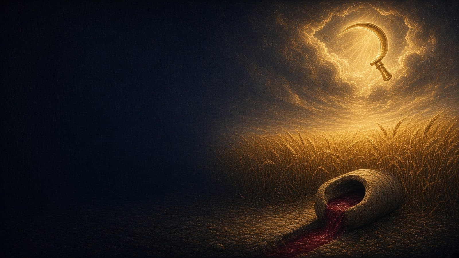 A golden sickle in a glowing cloud above a field of ripe wheat, with a stone winepress and a dark red stream in the foreground.