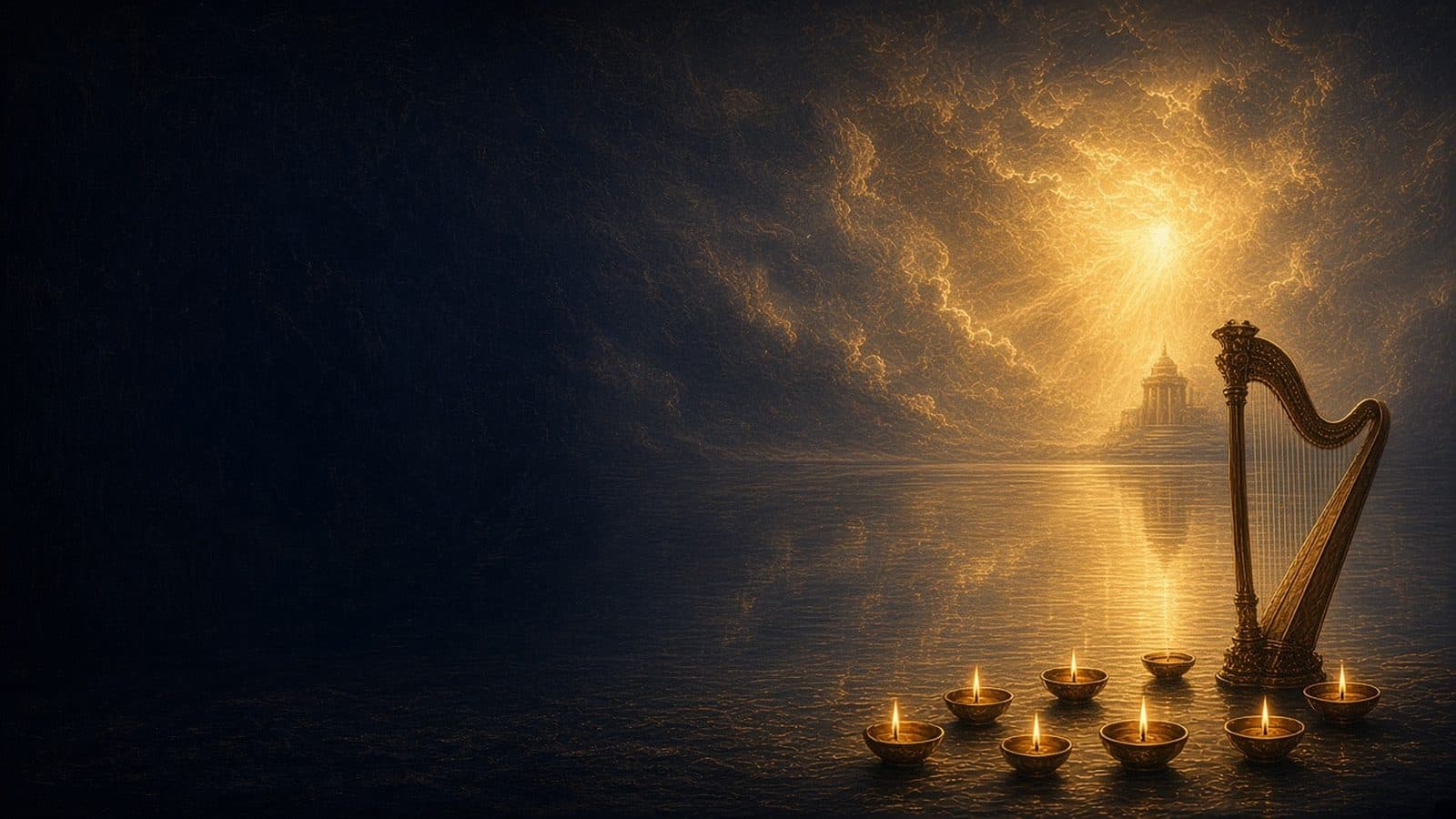 A calm glassy sea reflecting golden light, with a golden harp and seven golden bowls on the shore before a distant temple of light.