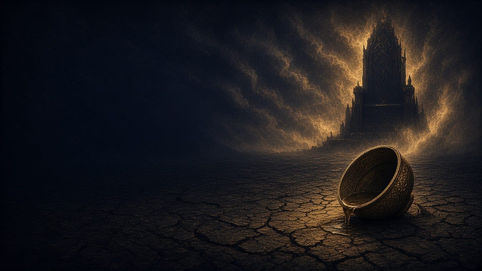 A tipped golden bowl pouring onto cracked, barren ground before a dark throne silhouette wrapped in smoke.