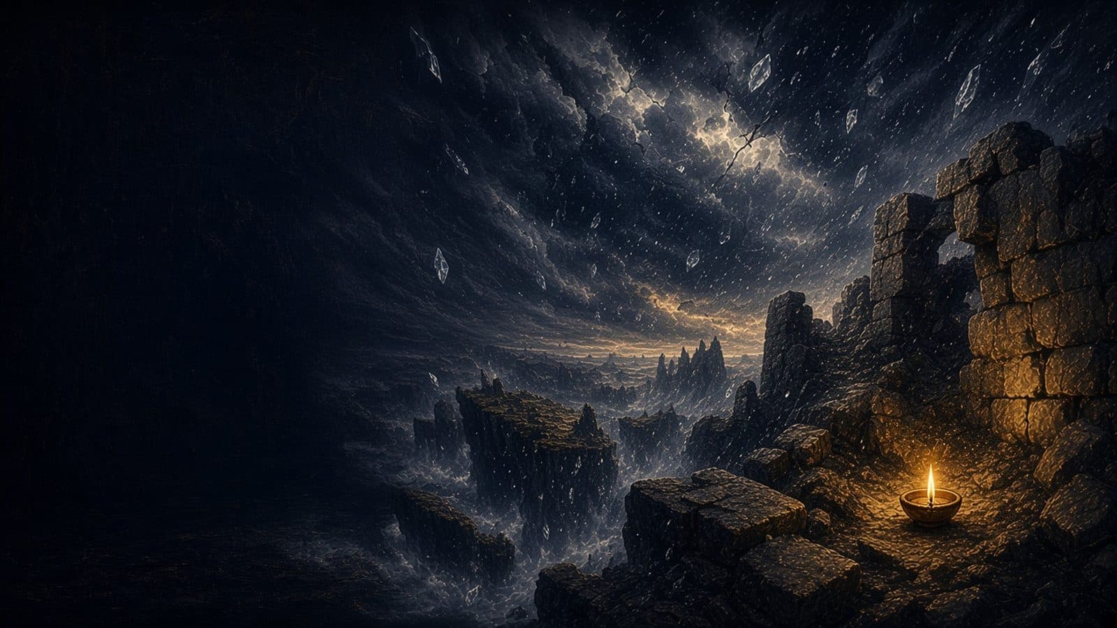A flickering lamp among fallen stone walls under a storm of ice-white hailstones, with cliffs and islands breaking apart in the mist.