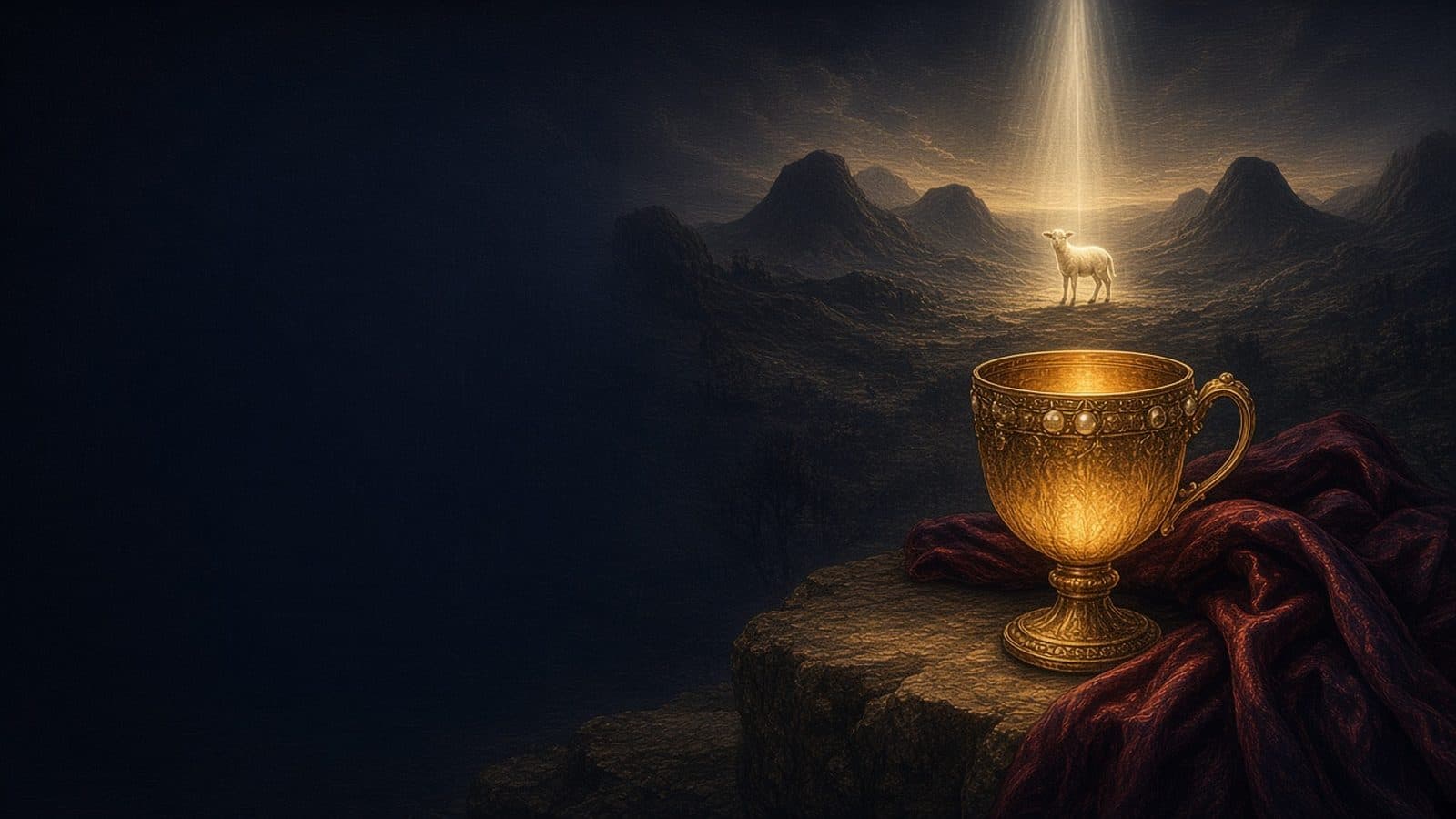 A jewelled golden cup draped with scarlet silk on a rock ledge, with a pure white ray of light falling on a small white lamb among dark hills.