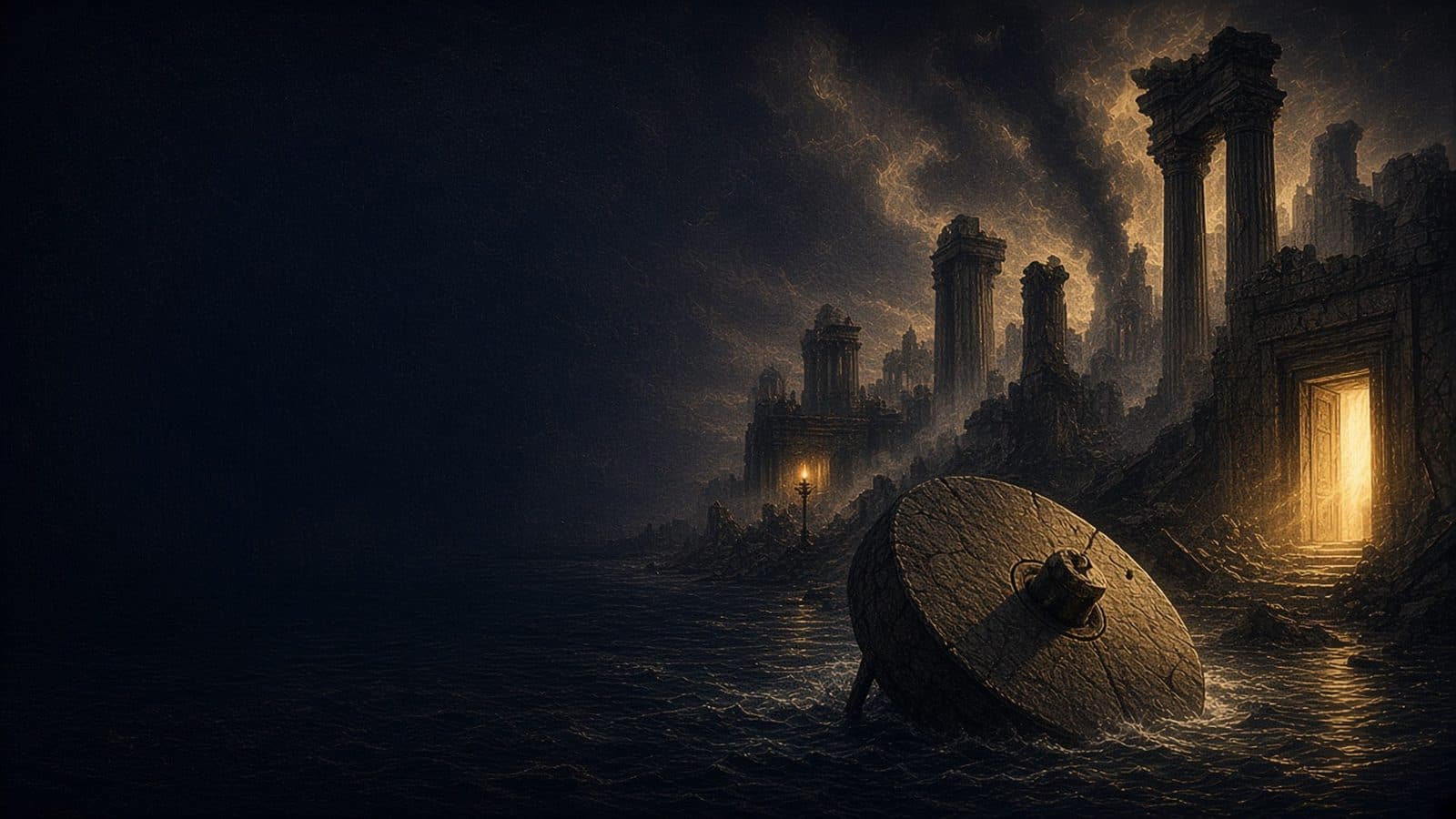 The smoking ruins of a great stone city beside a dark sea, with a millstone sinking in the water and a small doorway of golden light opening at the edge.