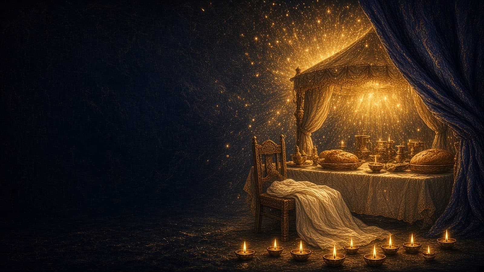 A banquet table under a golden canopy with bread, cups and white linen, beneath a sparkling burst of golden light and a row of burning lamps.