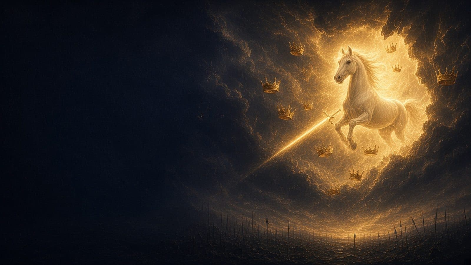 A luminous white horse with no rider bursting through a torn sky of golden light, with floating crowns, a glowing sword and a horizon of dark spears.