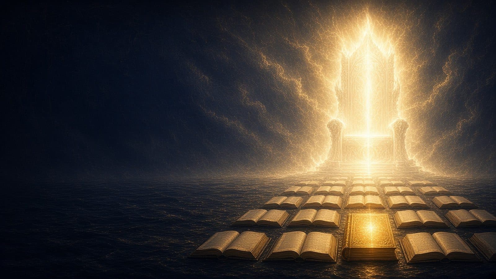 A blazing white-gold throne of light above a dark sea, with rows of open books and one glowing golden book standing apart in front.