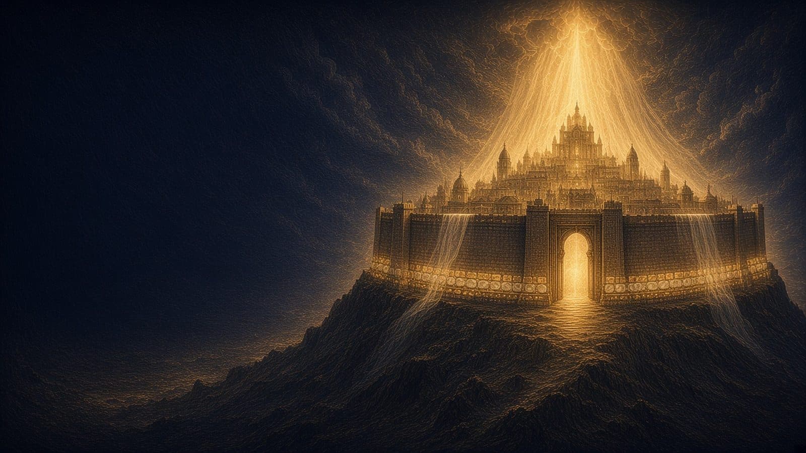 A great golden-walled holy city on a dark mountain, its wall lined with bands of glowing gemstones and a single tall pearl-white gate standing open, with golden light blazing up from inside and falling over the walls like a veil.